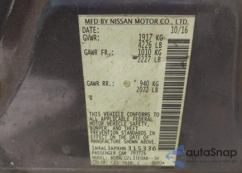 2017 Nissan Altima 2.5 S from USA, damaged, VIN 1N4AL3APXHN315336